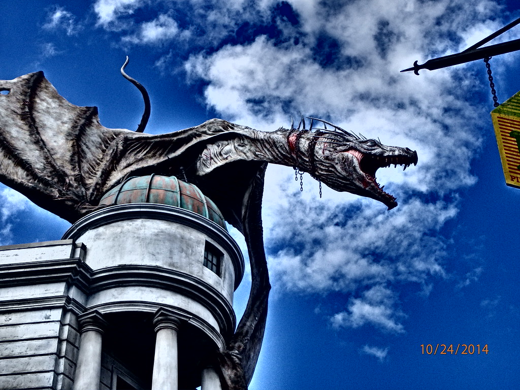 The Gringotts dragon above Diagon Alley at Universal Studios Florida