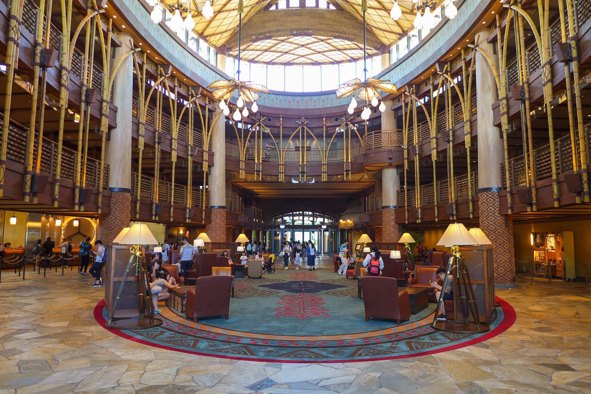 The lobby at Disney Explorers Lodge, the resort’s newest hotel.