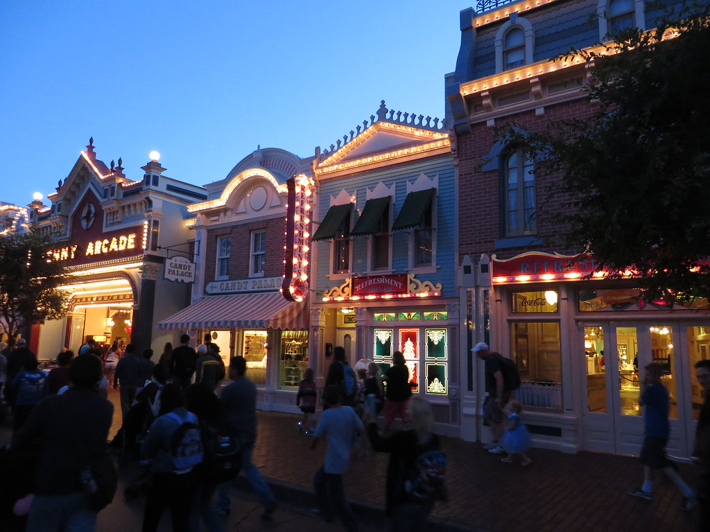 Main Street, U.S.A. at Disneyland in the evening.
