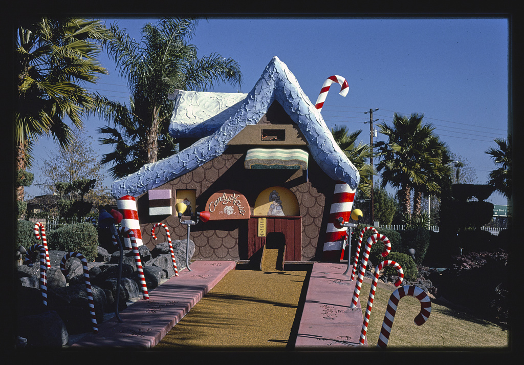 The candy house, one of the hand built mini golf scenes at Castle Park.
